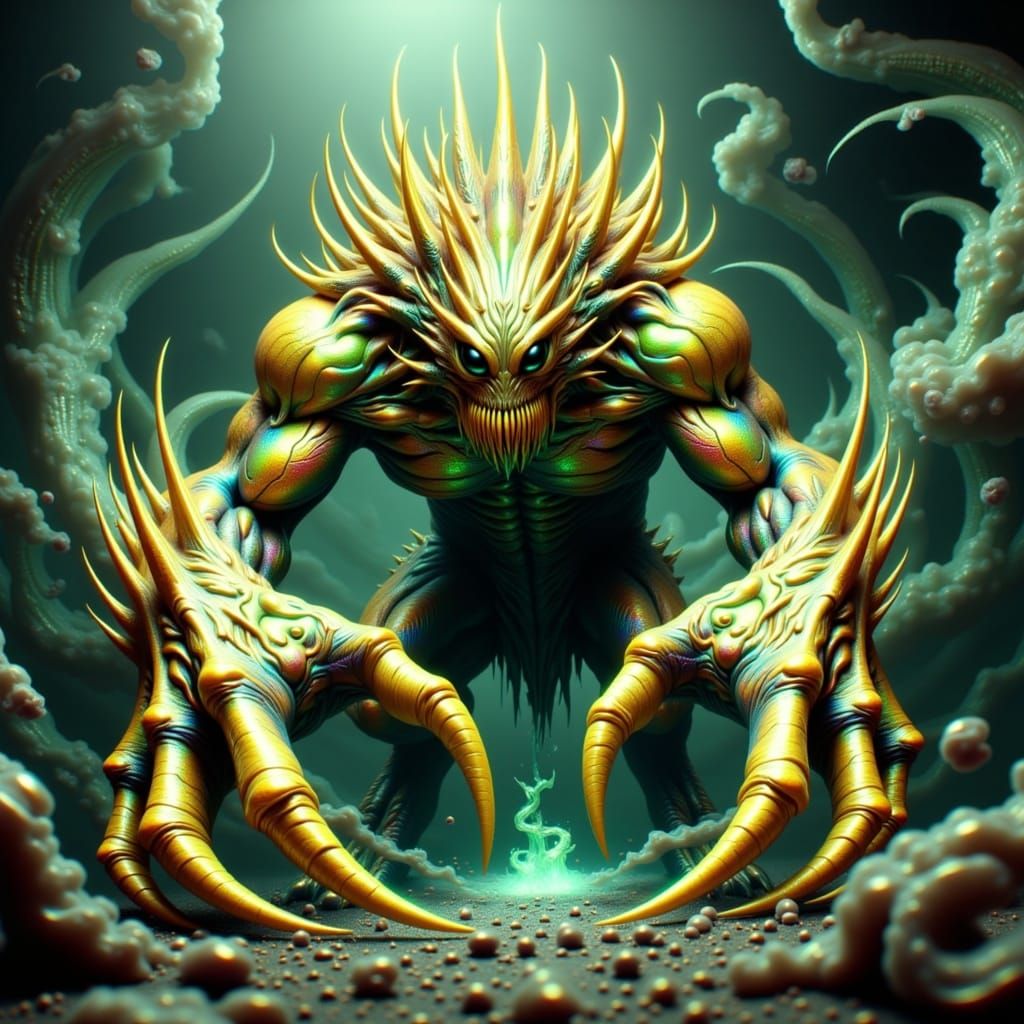 Cyberpunk Horror Creature in Iridescent Yellow and Green