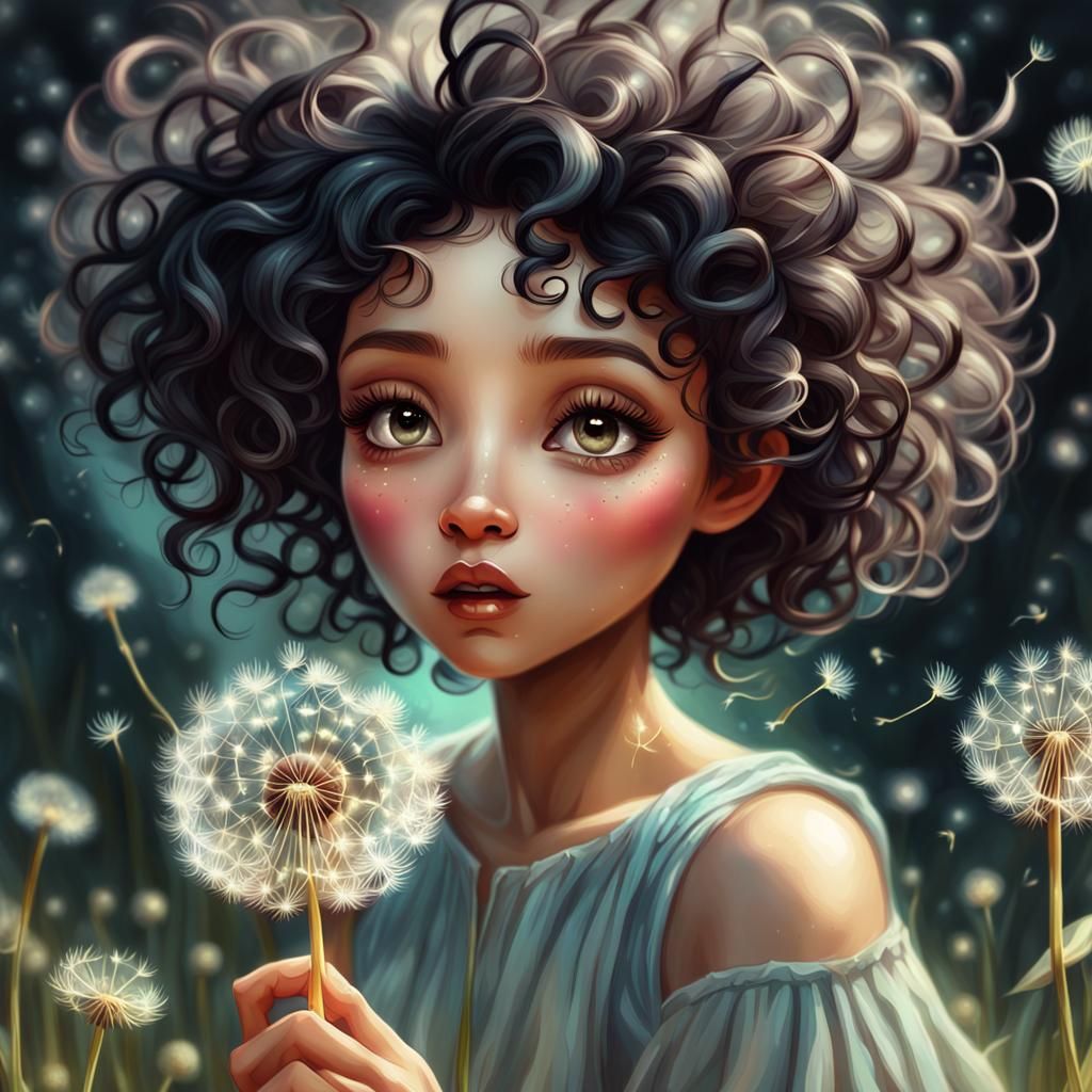 Whimsical Fairy Girl Blowing Dandelion Seeds