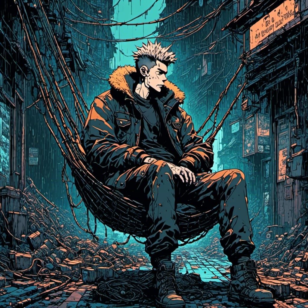 Grumpy Punk in Alleyway Hammock: Anime Cel-Shaded Art