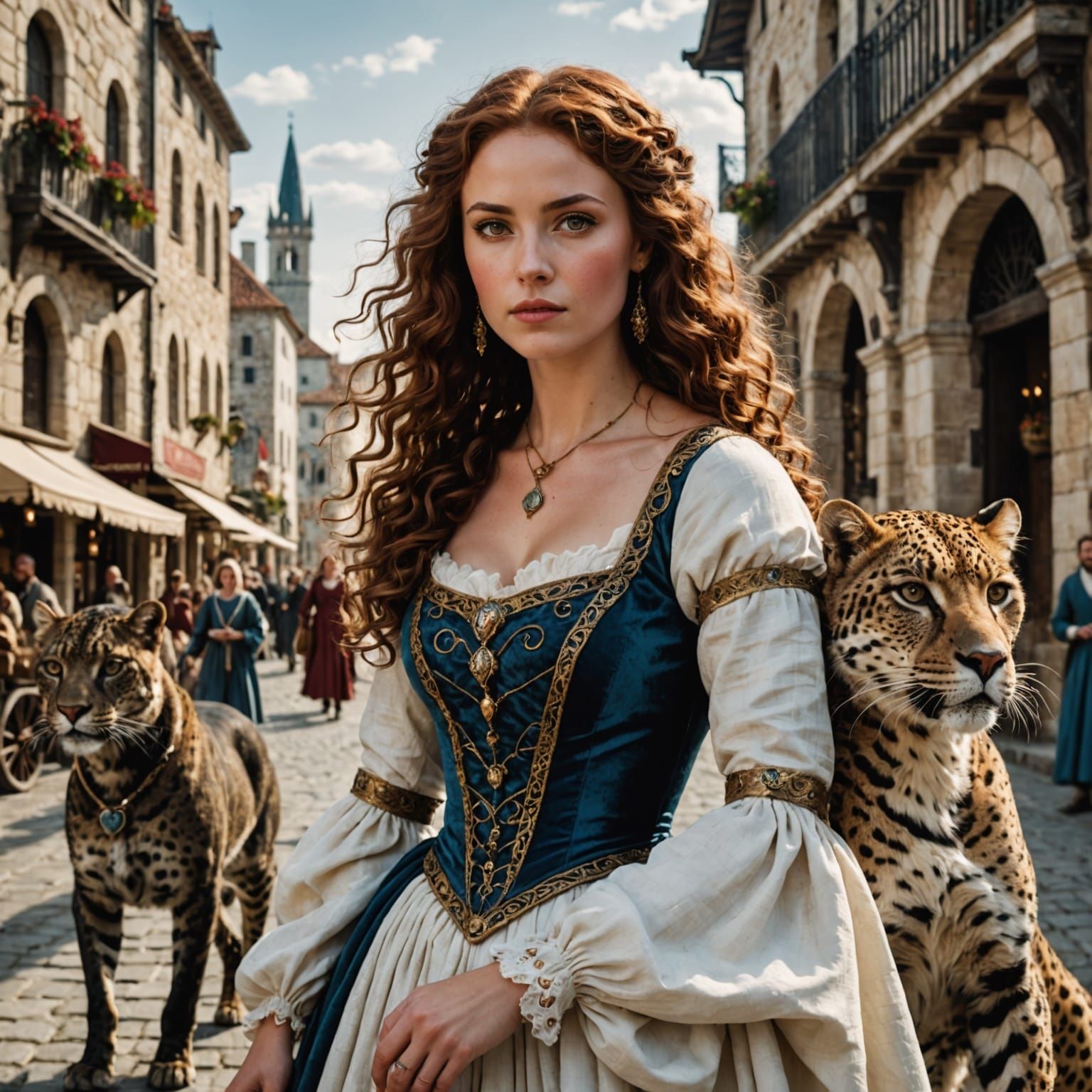 Medieval Woman with Jaguar in Bustling Port City