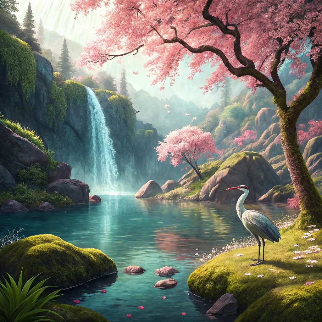 Tranquil Mountain Lake with Heron and Cherry Blossoms