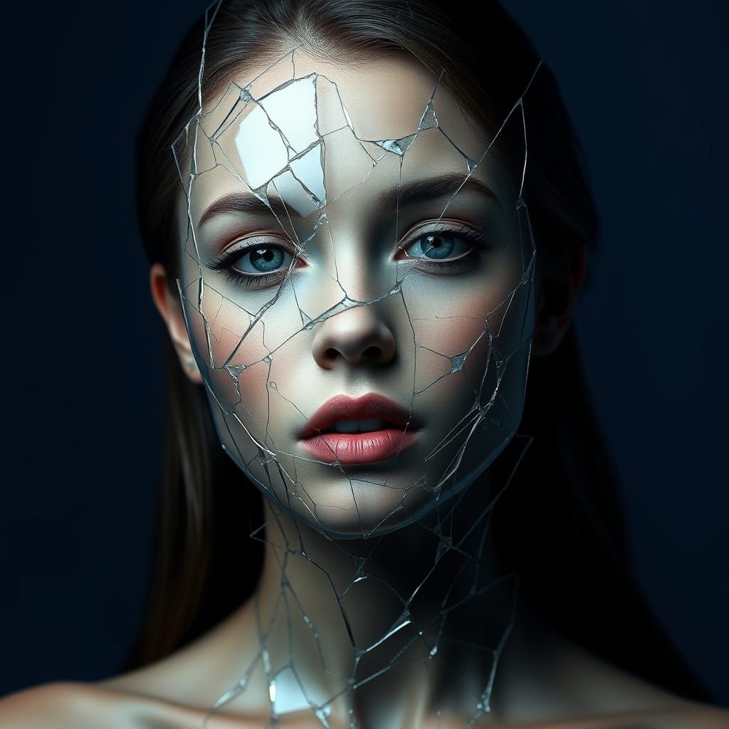 Woman with Shattered Glass Face in Transhumanist Aesthetic