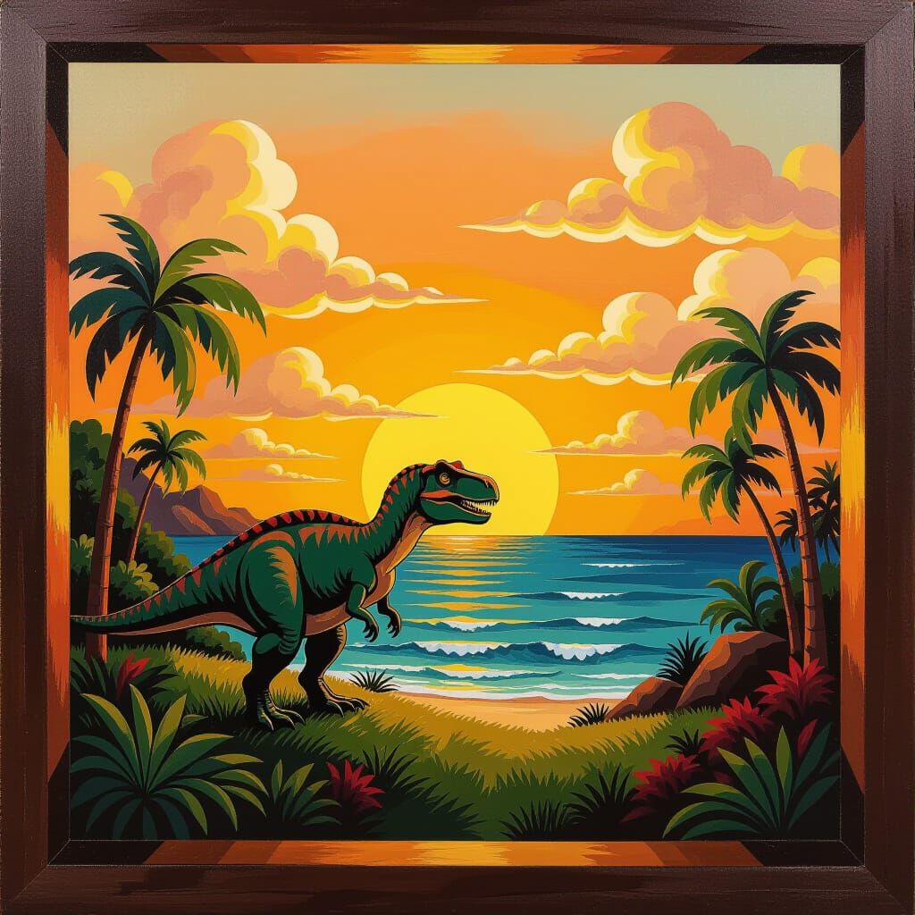 Dinosaur in Jurassic Landscape Oil Painting