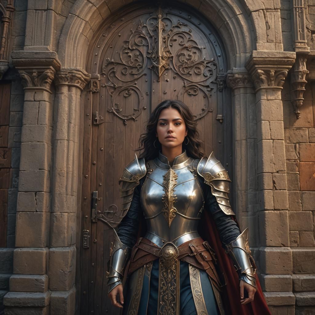Latina Knight Guarding Castle Doors in Matte Painting