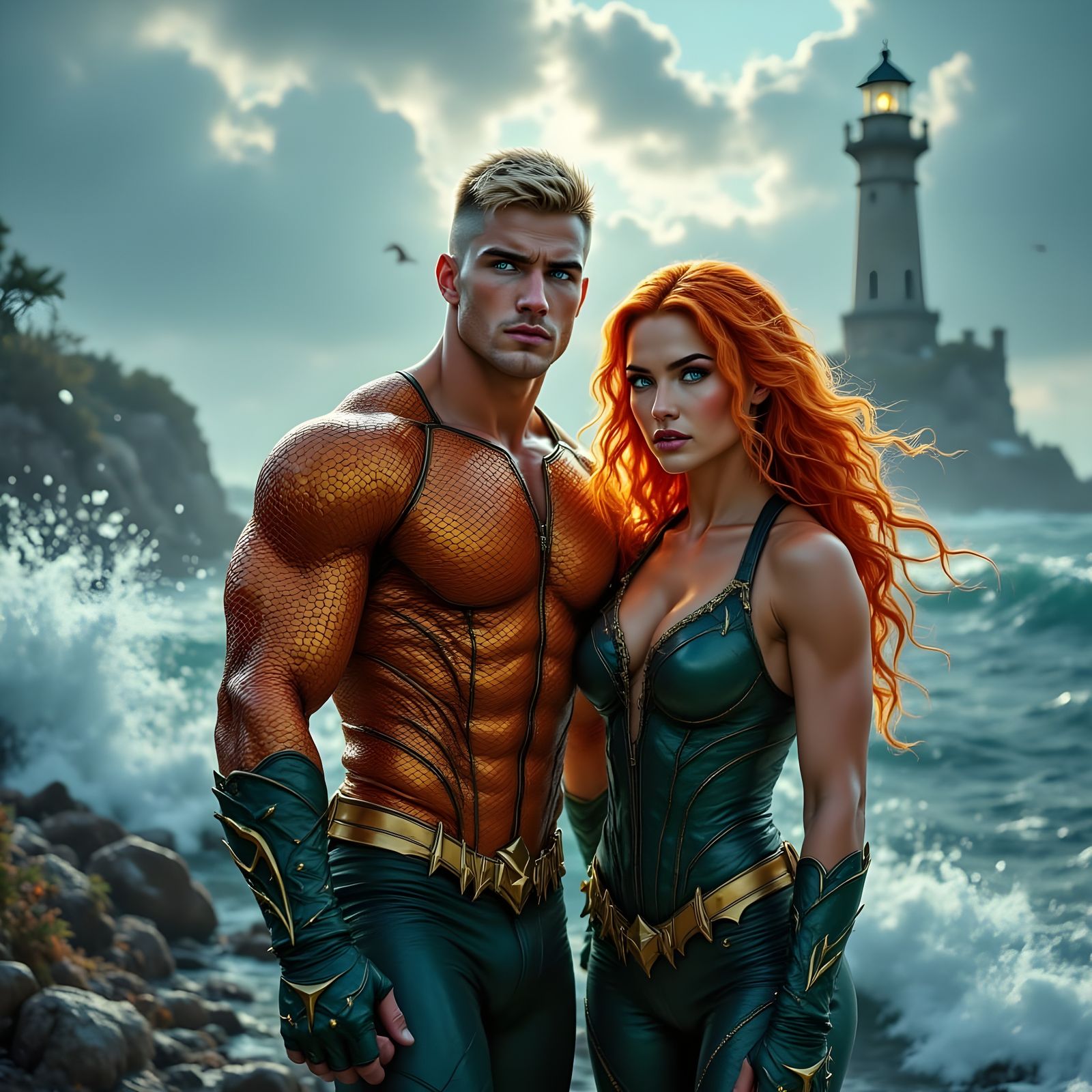 Aquaman, Mera, and Lighthouse: Hyperrealistic Cinematic Imag...
