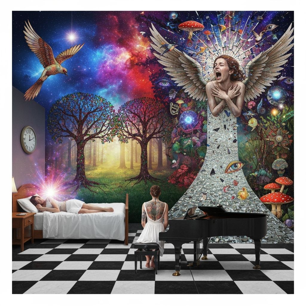 Retro-Futurism Winged Figure in Surreal Dreamscape