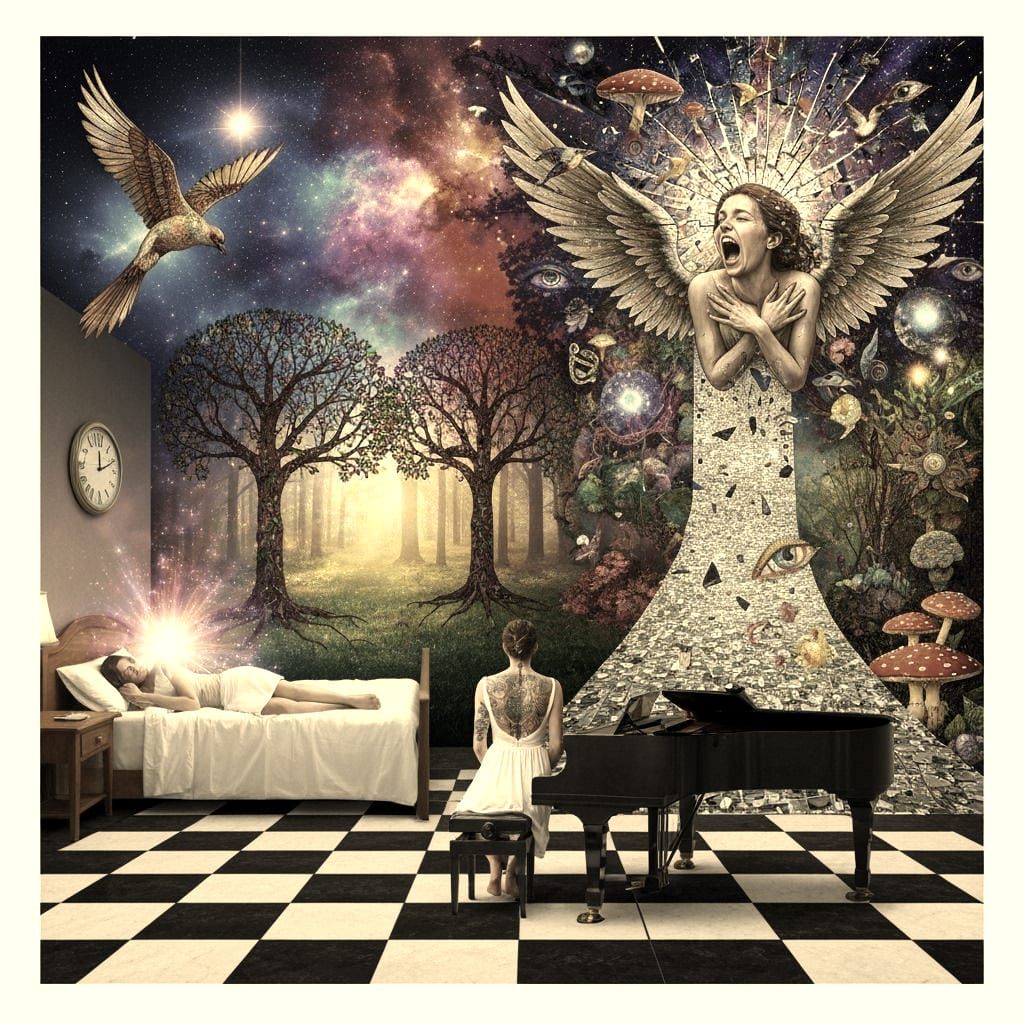 Surreal Retro-Futurism Angel Screams Amidst Mirror Labyrinth