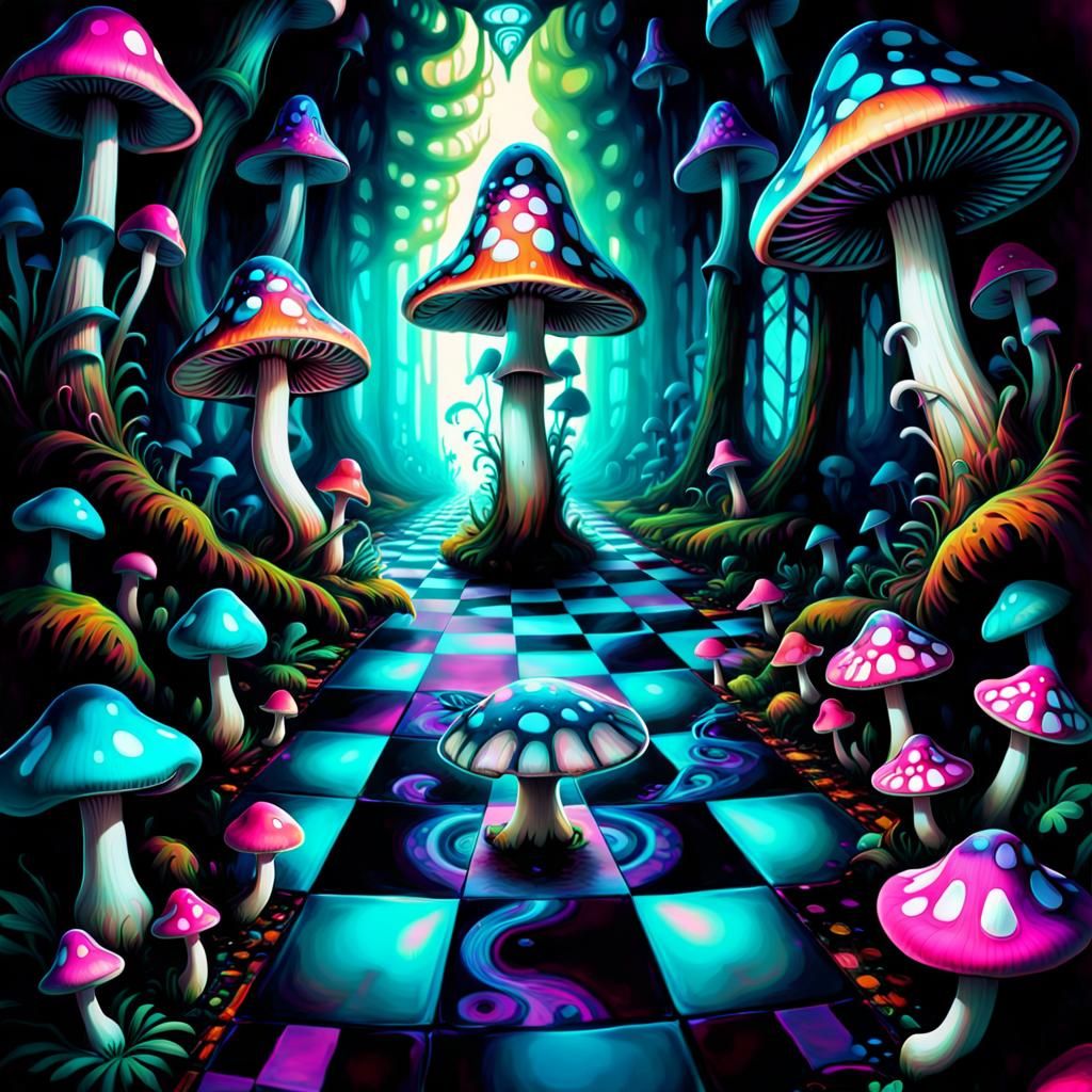 Psychedelic Mushroom Art on Checkered Floor