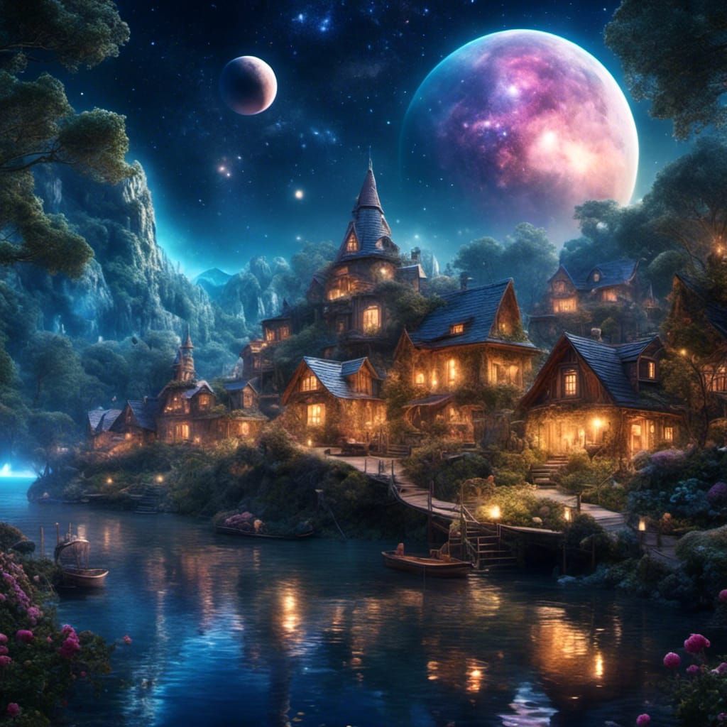 Dreamy Moonlit Elven Village with Cosmic Energy