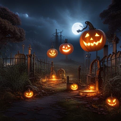 Halloween Graveyard with Ghosts in Dark Fantasy Style