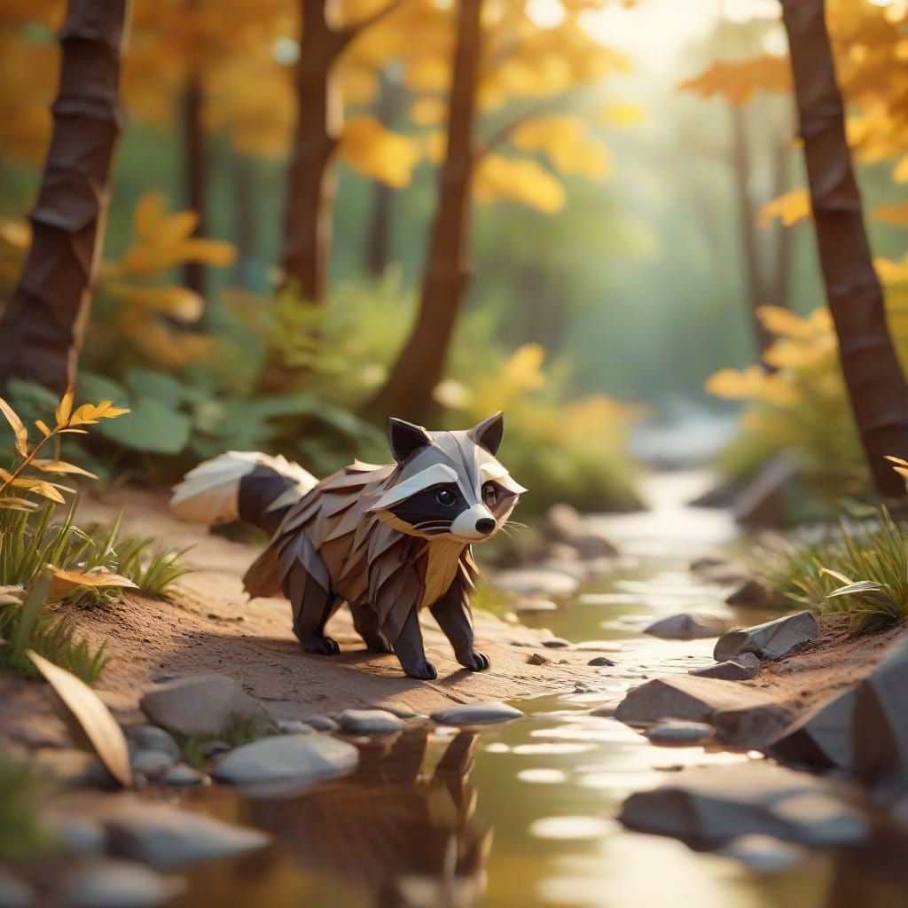 Cute Raccoon in Forest Rendered as Papercraft