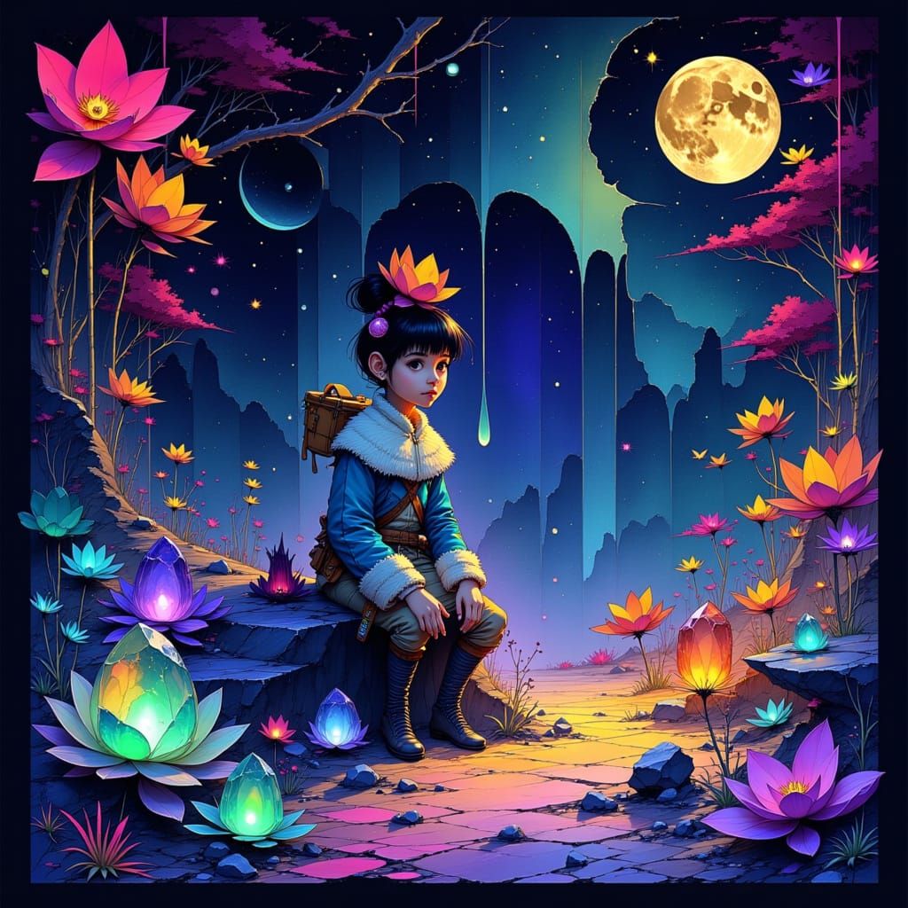 Adventurer Surrounded by Loot in Cyberpunk Style