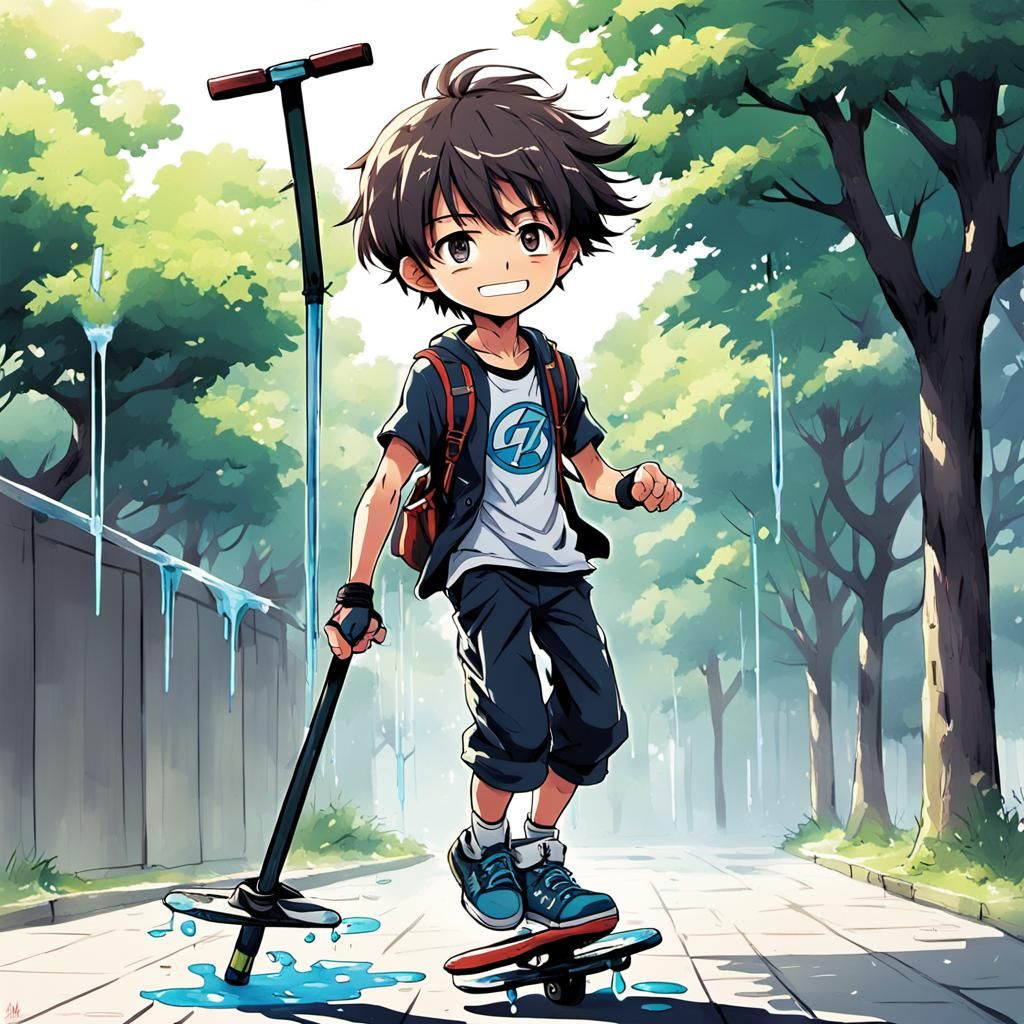 Anime Kid with Pogo Stick in Manga Style