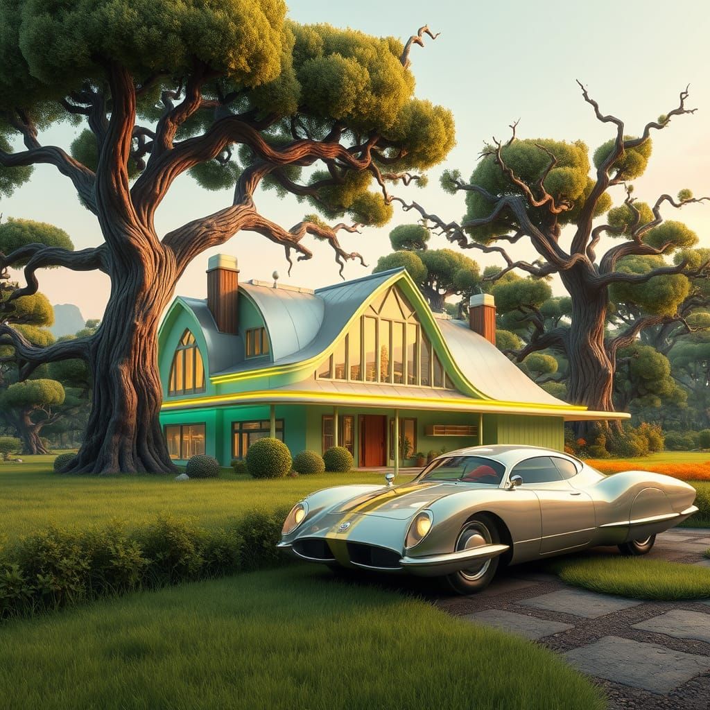 Neofuturistic Country Estate with Retro-Futuristic Car