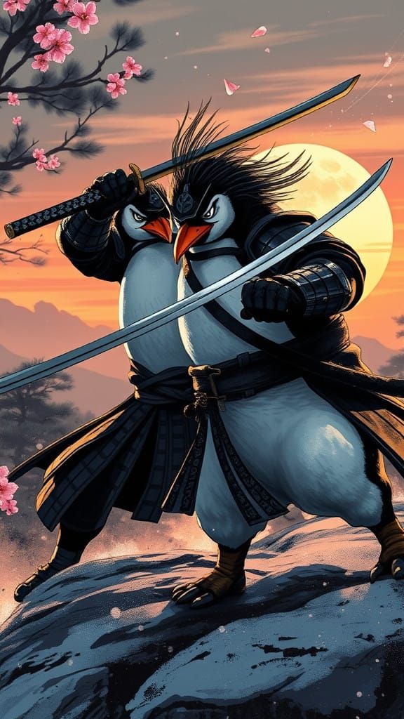 Sword-Wielding Penguin Samurai Takes a Dramatic Stand in Ink...