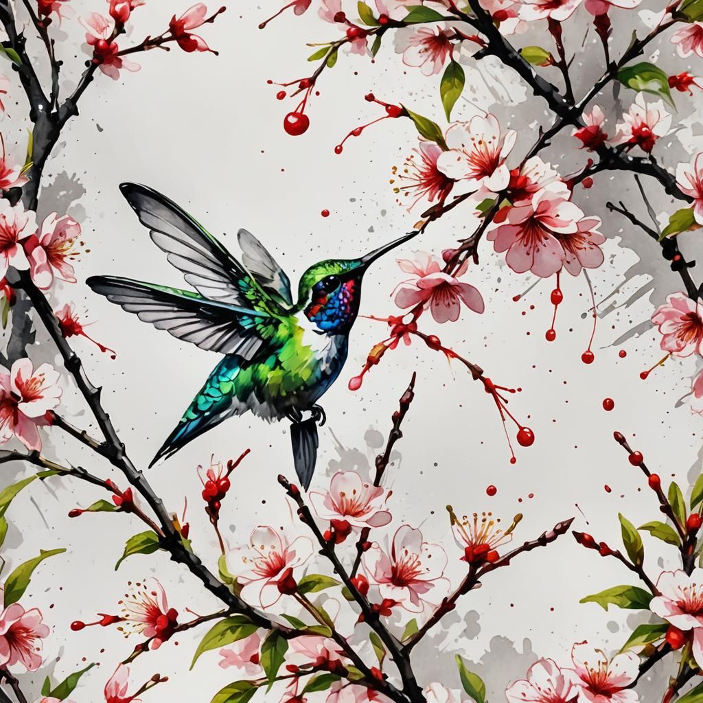 Cherry Tree and Hummingbird Gouache Watercolor