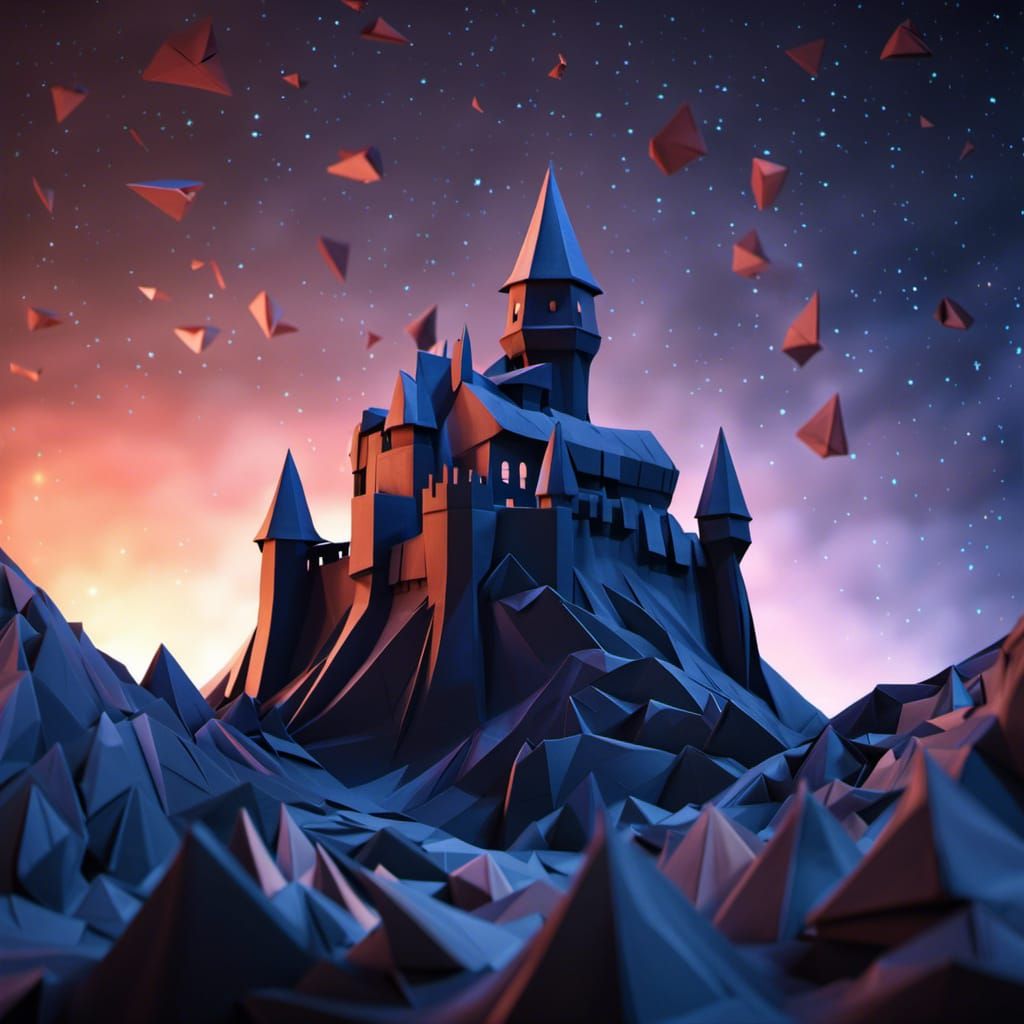 Scary Origami Castle on Rocks in Horror Movie Style