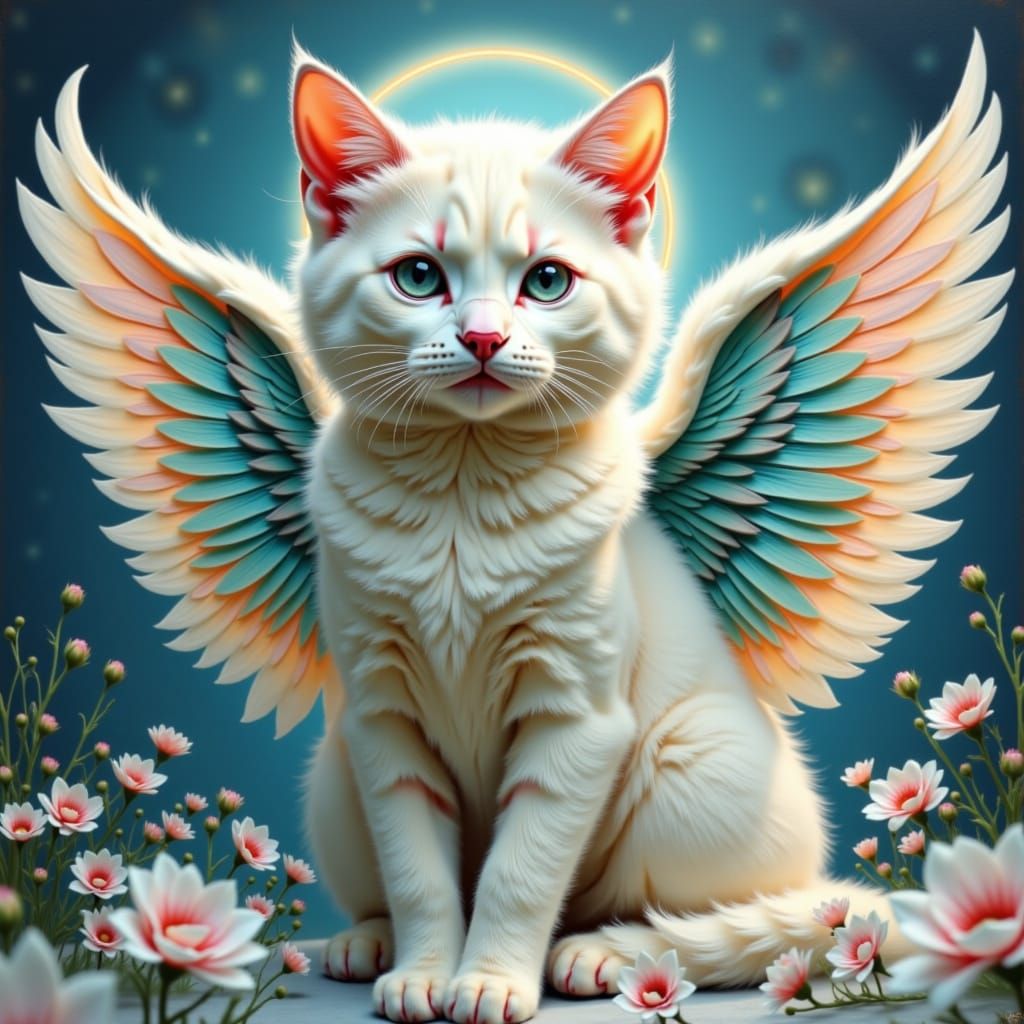 Divine Feline Angel with Iridescent Wings