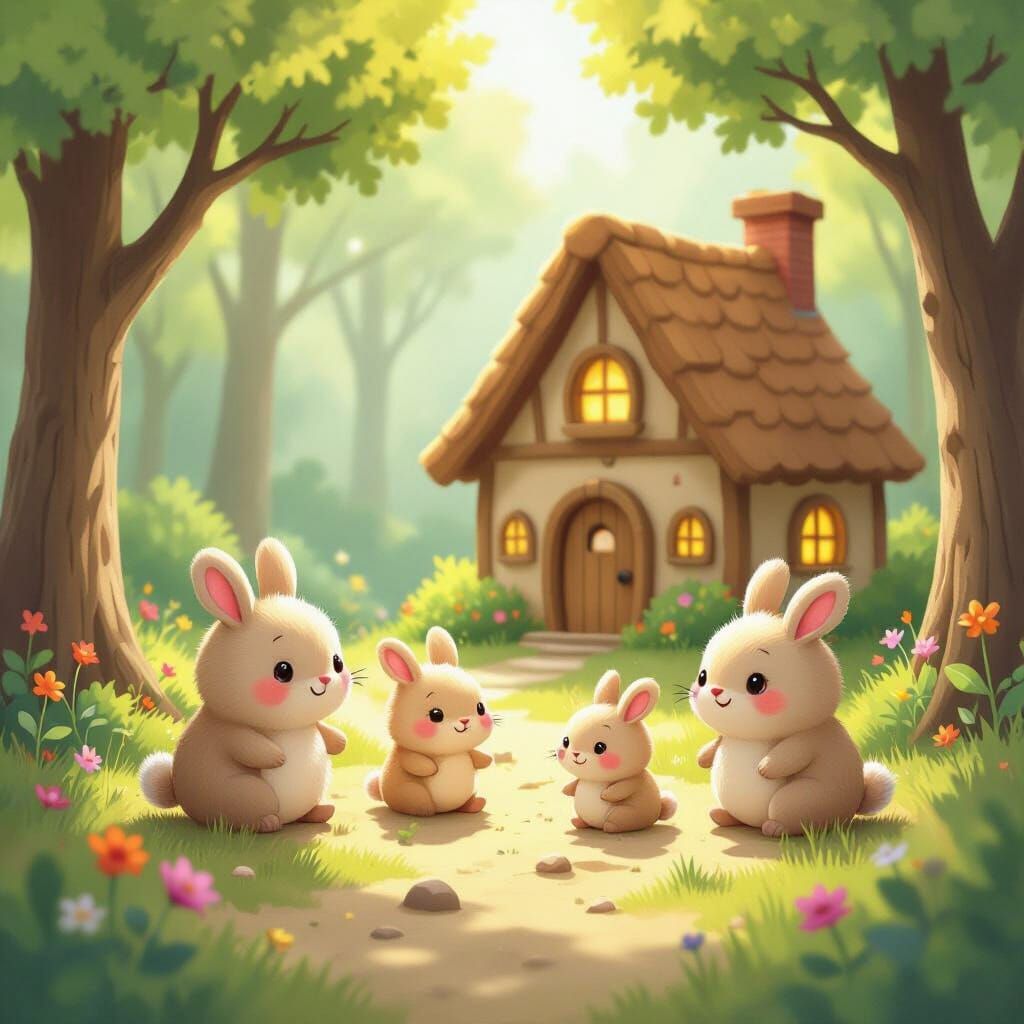 Joyful Sand Critters in Sunny Forest with Cozy House