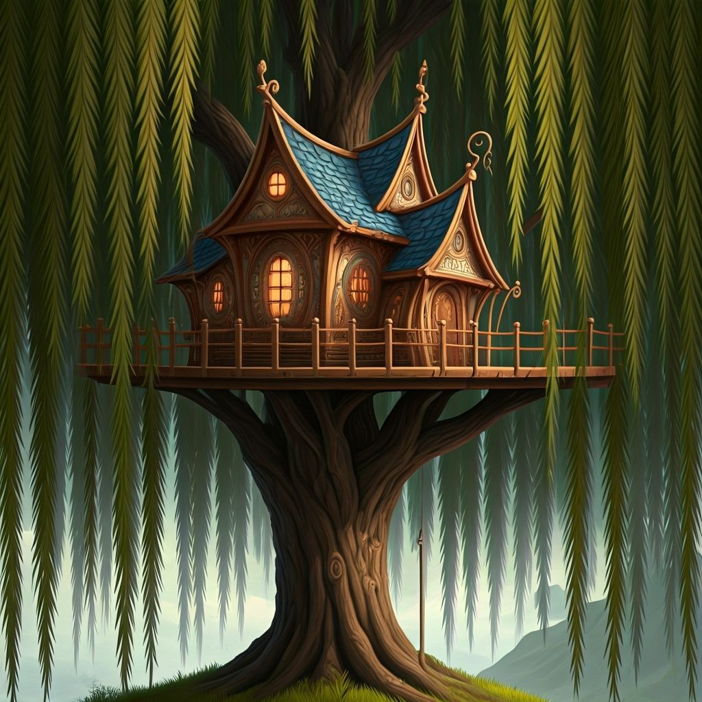 Opulent AI Treehouse in Weeping Willow Branches
