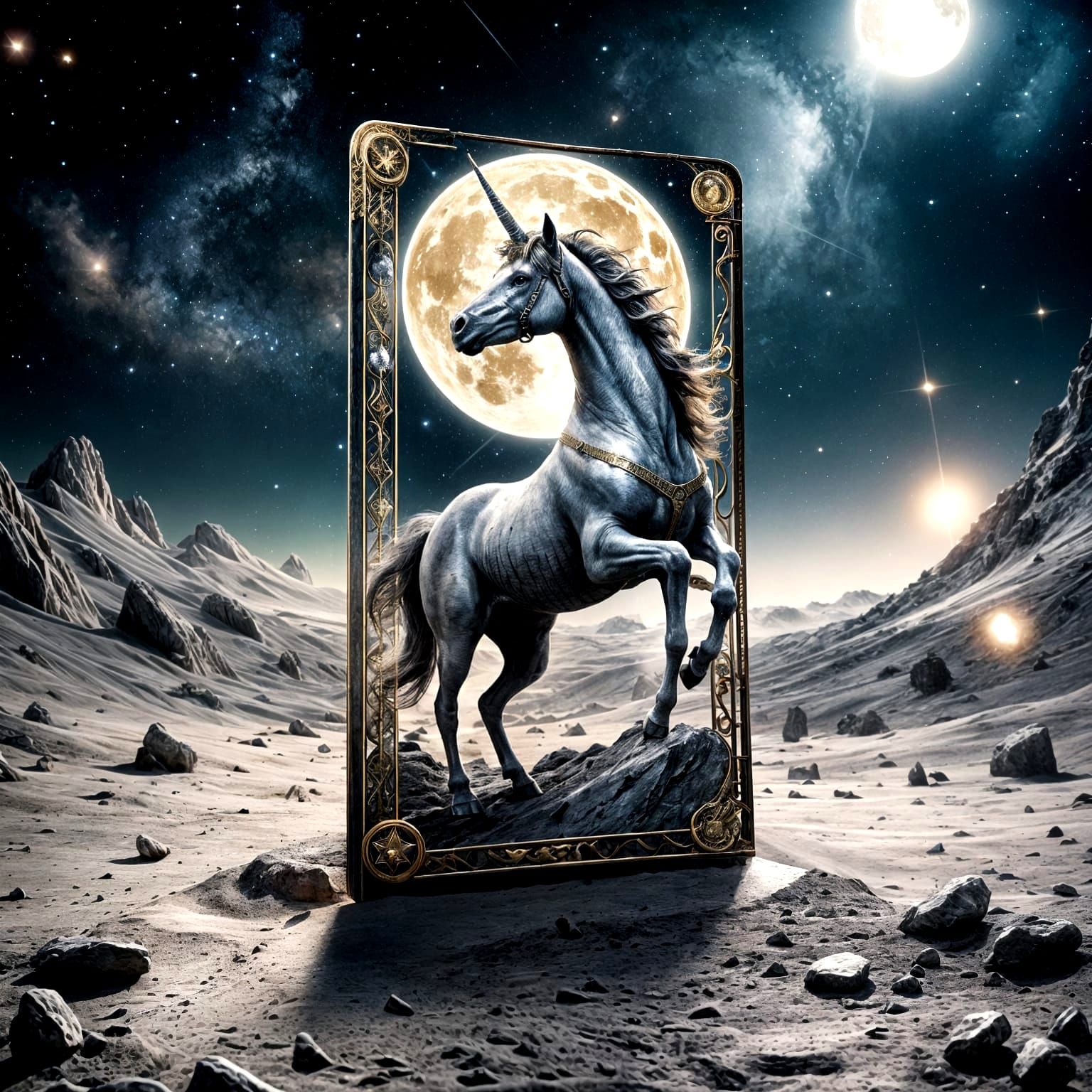 Magical Tarot Card on Moon with Unicorn