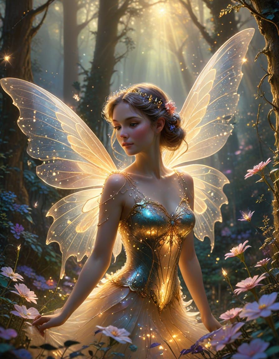 Enchanting Fairy with Translucent Wings in Floral Forest
