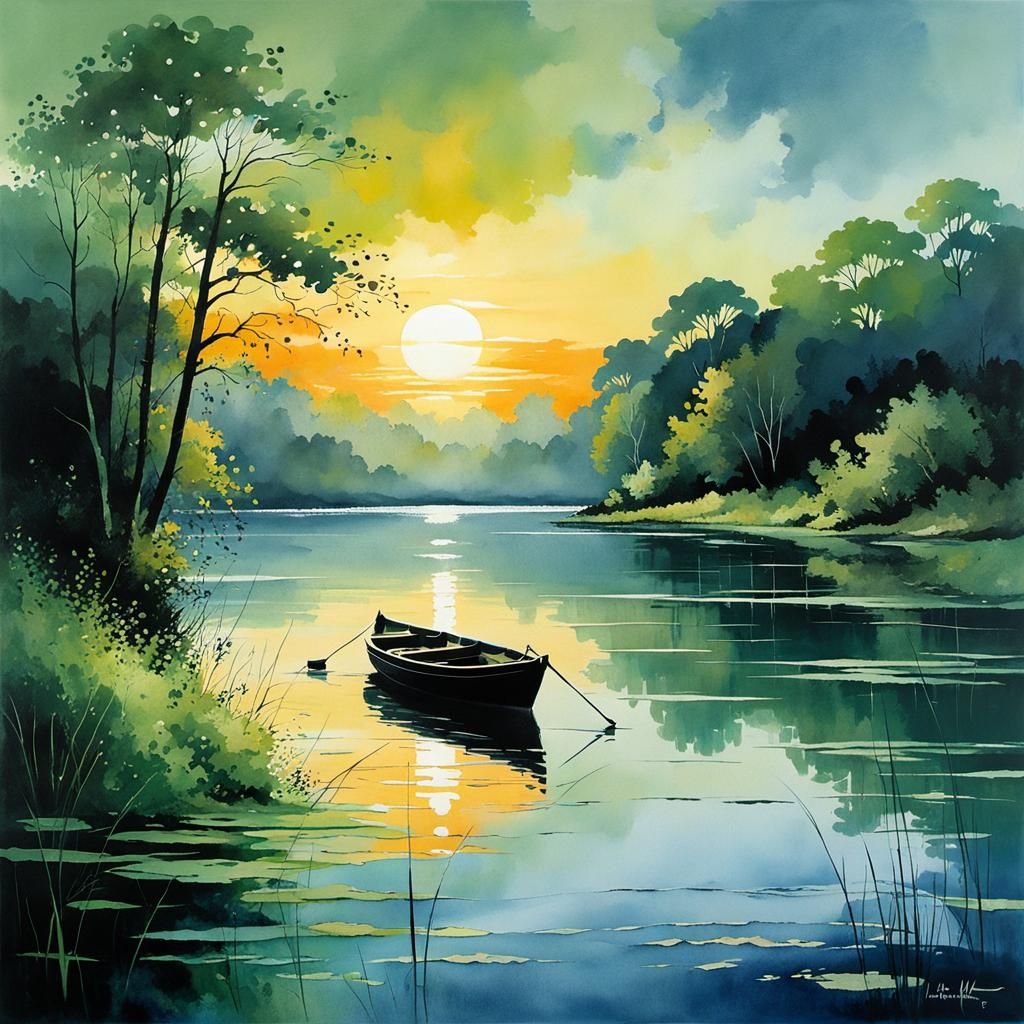 Sunset Over Lake in Watercolor Style