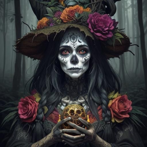 Mystical Witch in Micronesian Forest, Ink Illustration