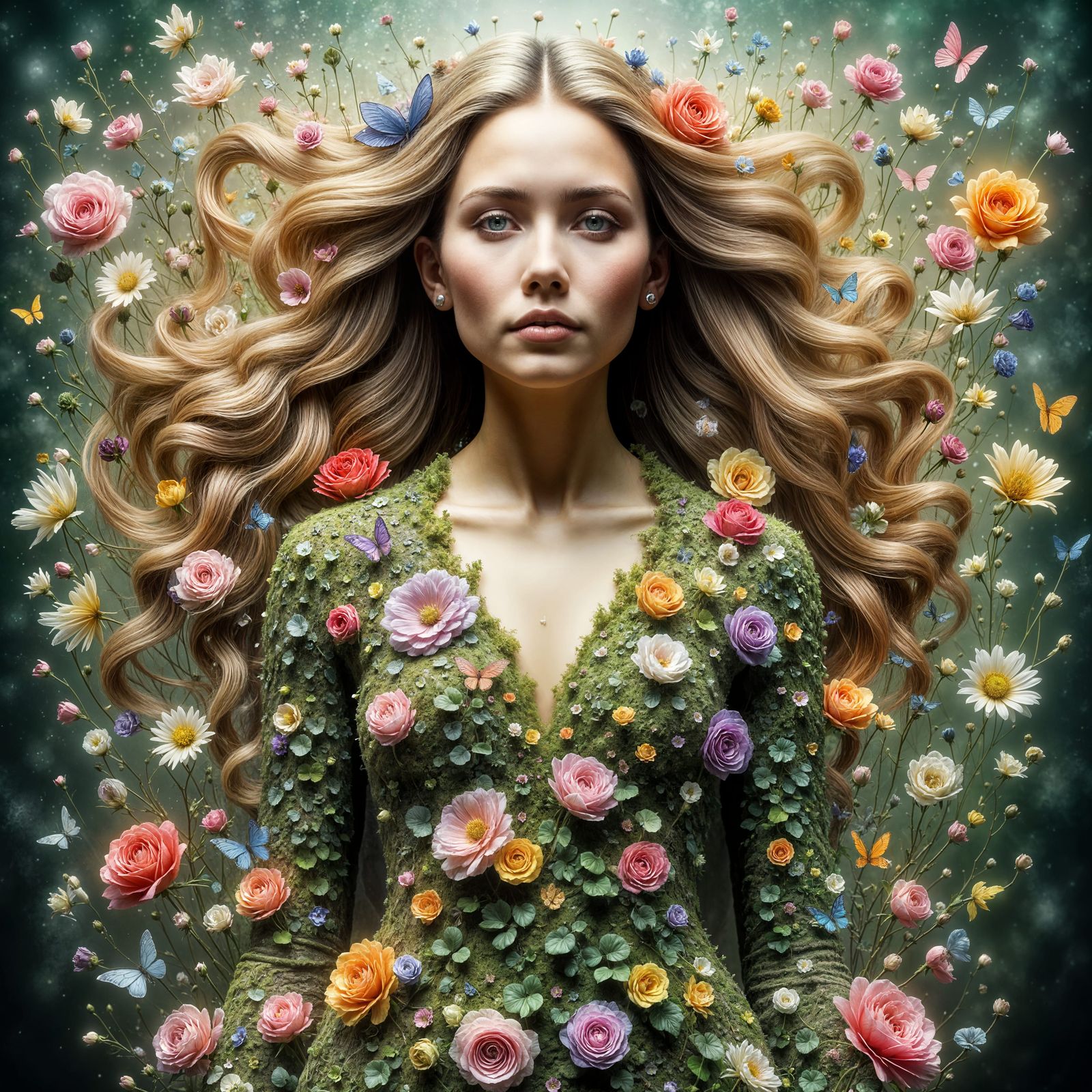 Spring Goddess with Floral Hair, Digital Art