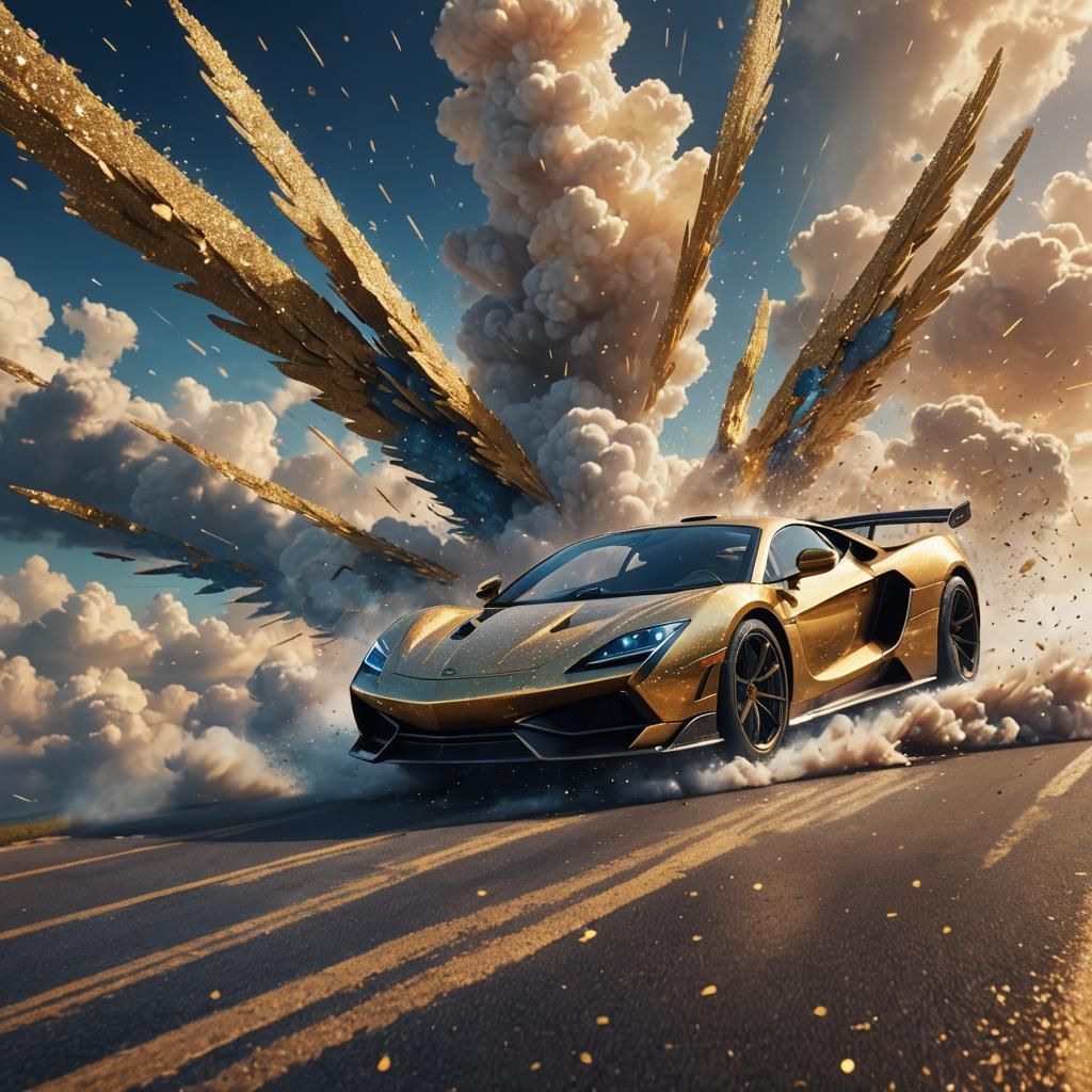 Supercar Descending in Glittering Sky: Digital Art