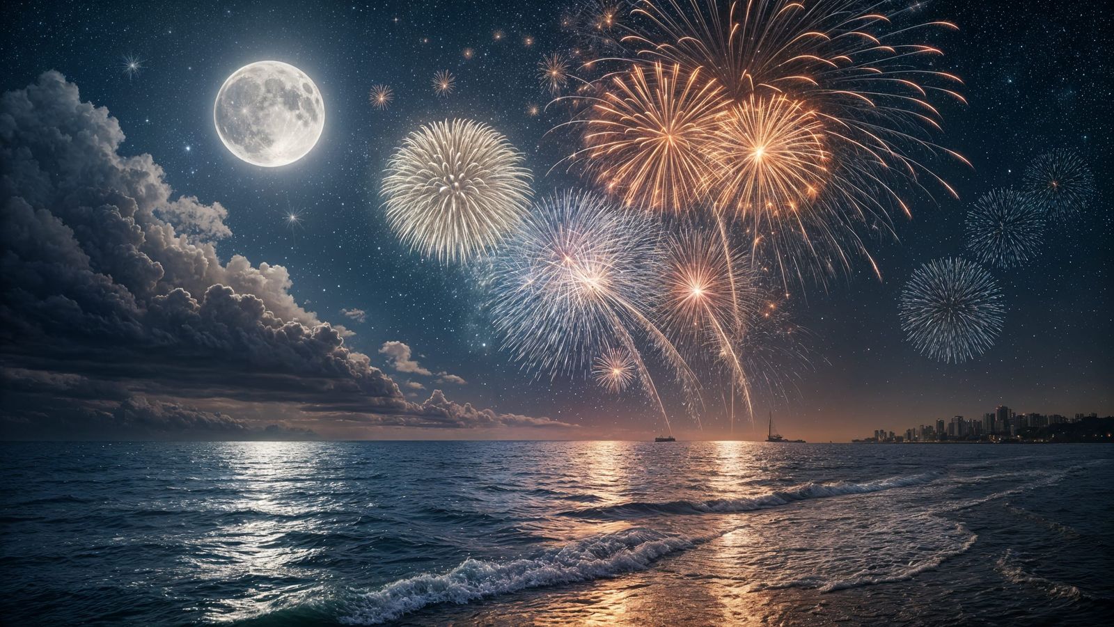 Surreal Fireworks Display Over Shimmering Ocean Waves