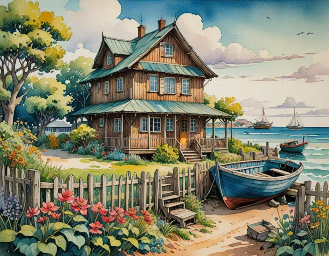Old Wooden House and Boat by the Seashore in Watercolor
