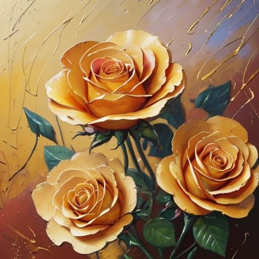 Gold and Rose Flowers as Impasto Oil Painting