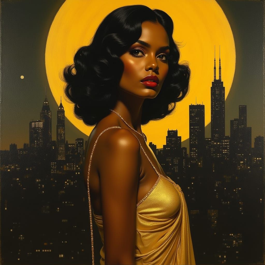 Elegant Woman in Golden Gown, Film Noir Style