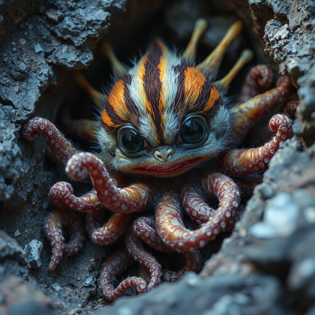 Neon Striped Furry Creature in Grungy Landscape
