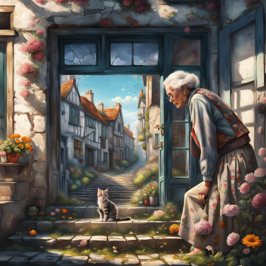 Dystopian Breton Village with Cats and Flowers