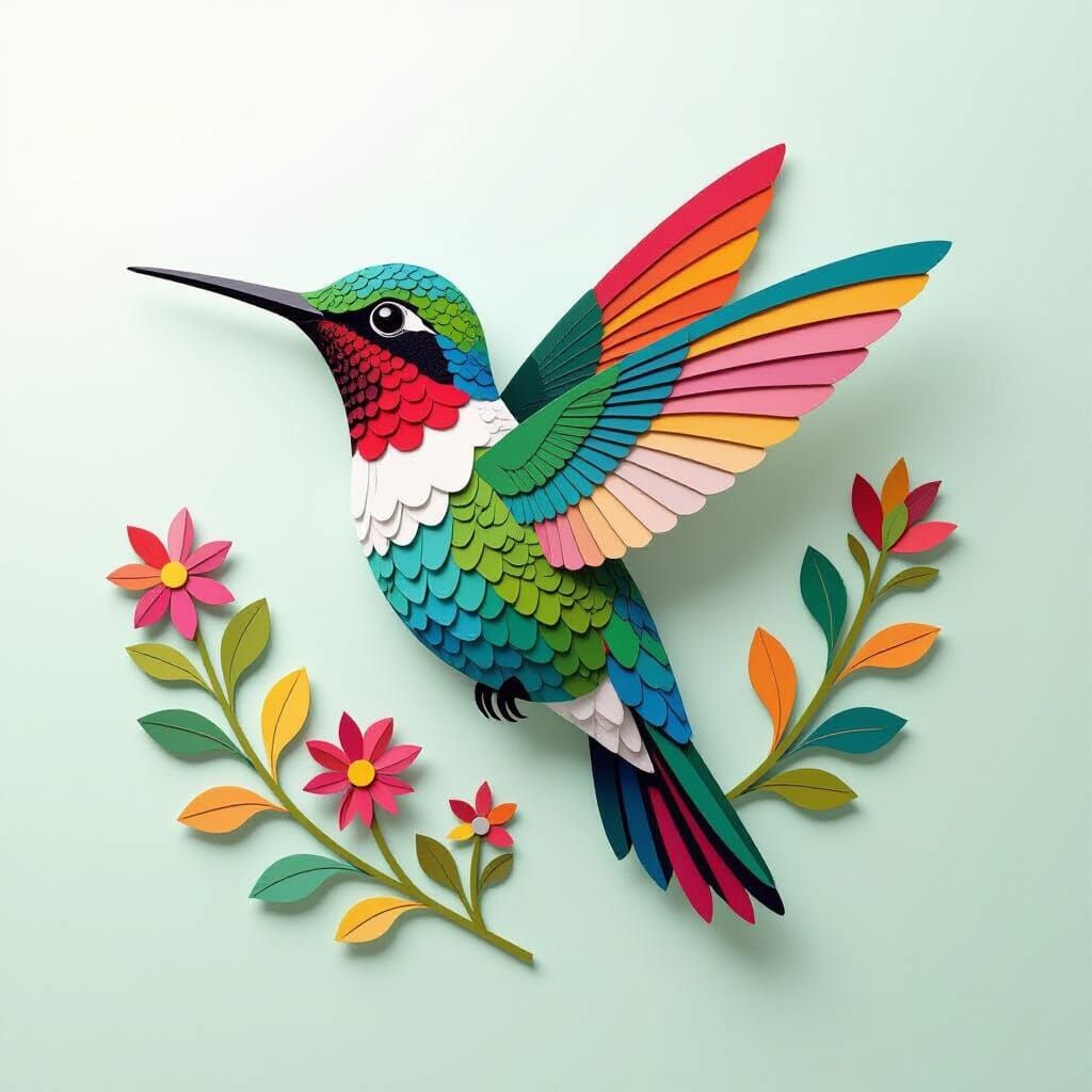 Colorful Paper Hummingbird in Collage Art Style