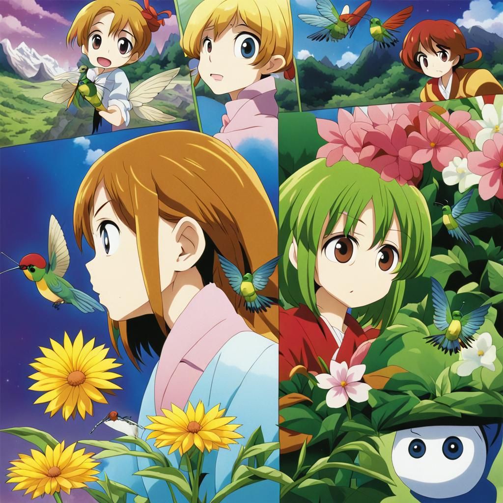 Anime Hummingbird and Bugs Sip Nectar