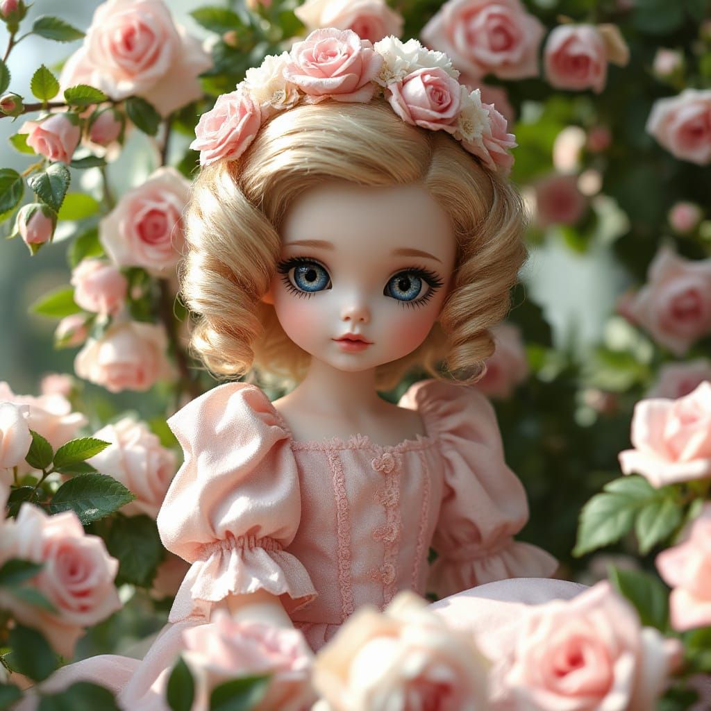 Porcelain BJD Doll in Rose Garden, Fairytale Digital Art