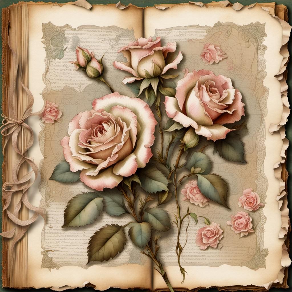 Shabby Chic Roses on Vintage Book Page