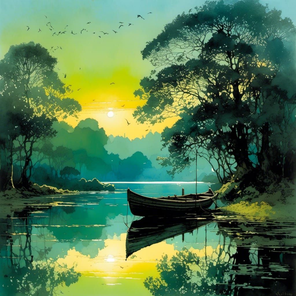 Serene Lake Sunset with Boat in Detailed Artistic Style