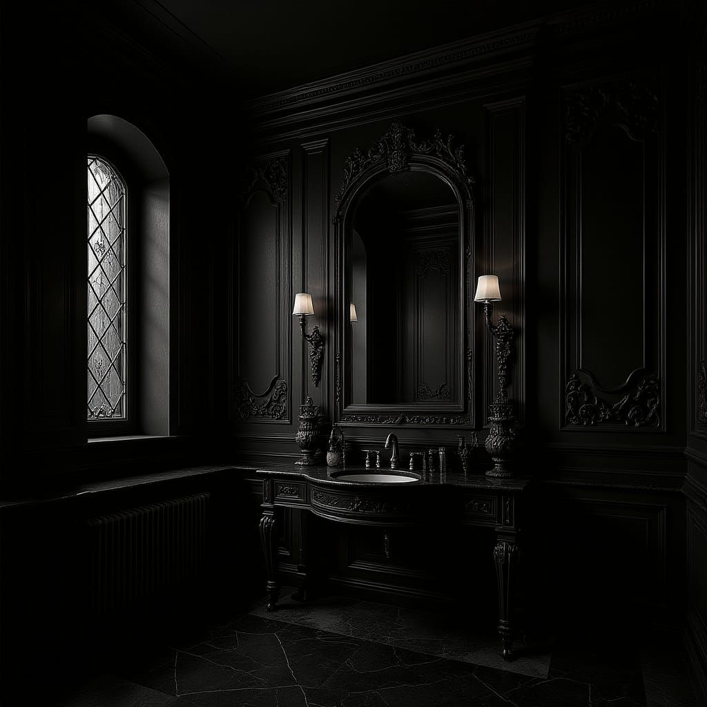 Modern Gothic Bathroom with Marble and Stained Glass