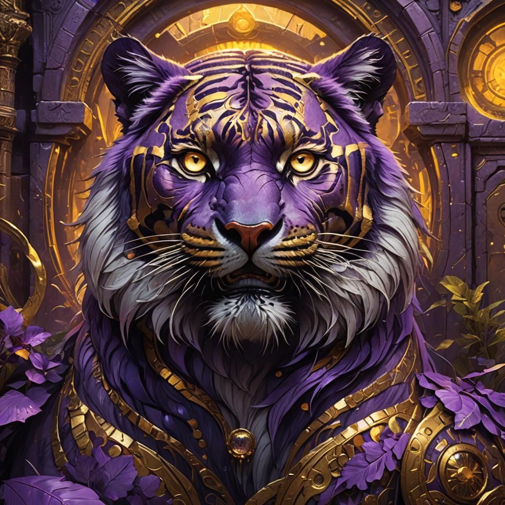 Majestic Glowing Tiger in Dark Fantasy Ruins