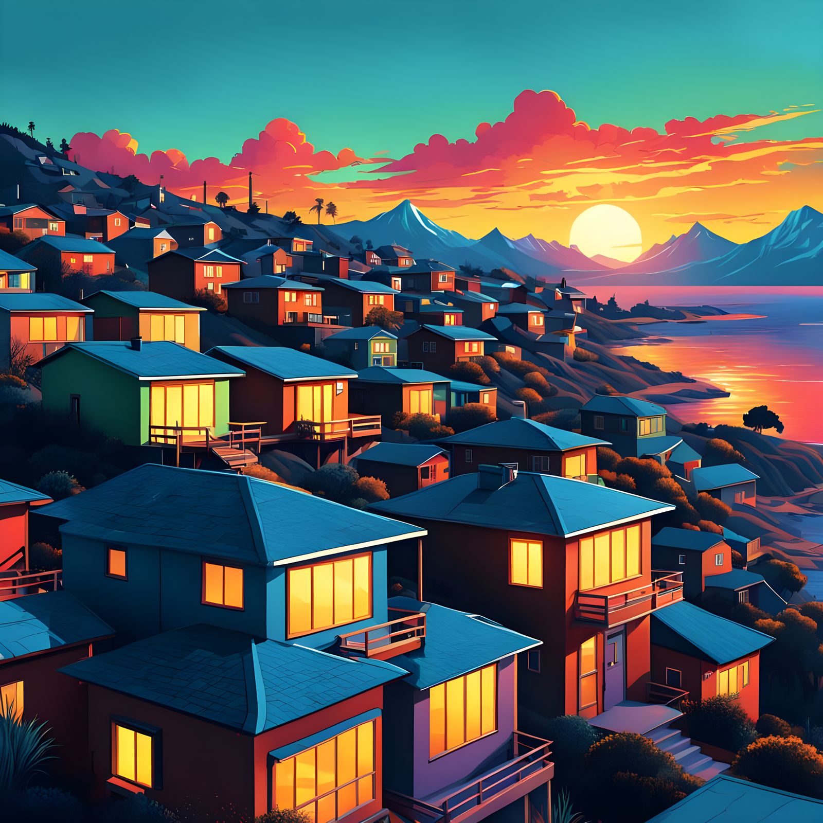 Vibrant Sunset Neighborhoods in Pop Art Style