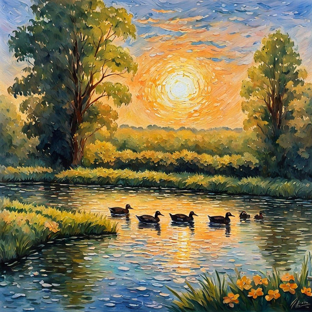 Lush Countryside Scene in Neo-Impressionist Style