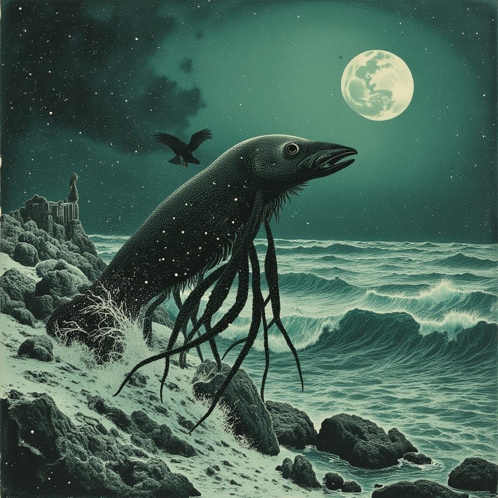 Squid Fishing on Stormy Seas with Intricate Patterns