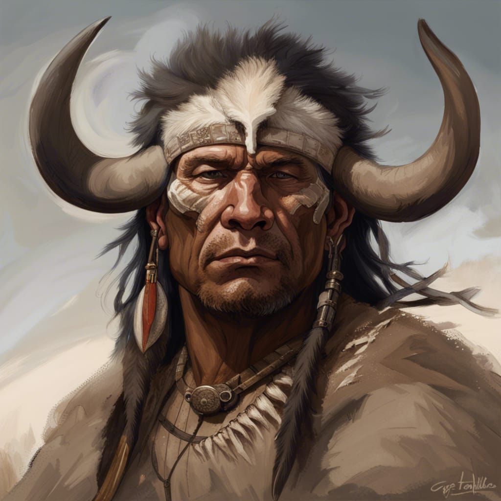 Detailed Buffalo Man Portrait in Art Nouveau Style