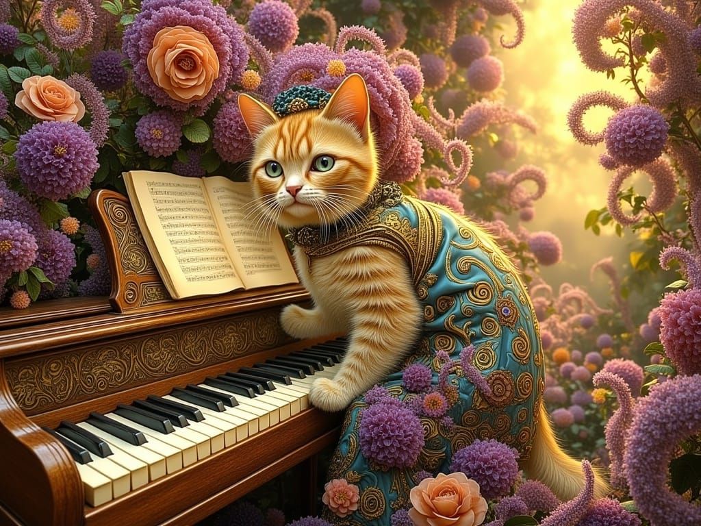 Whimsical Cat Plays Piano in Pop Surrealist Style