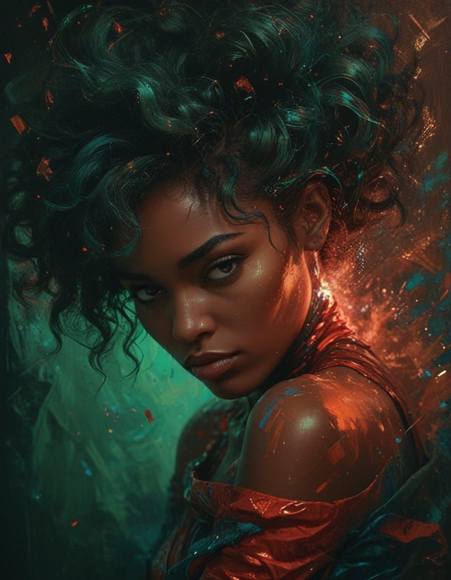 Portrait, Beautiful Lady, afrofuturism, funk art, tonalism, ...