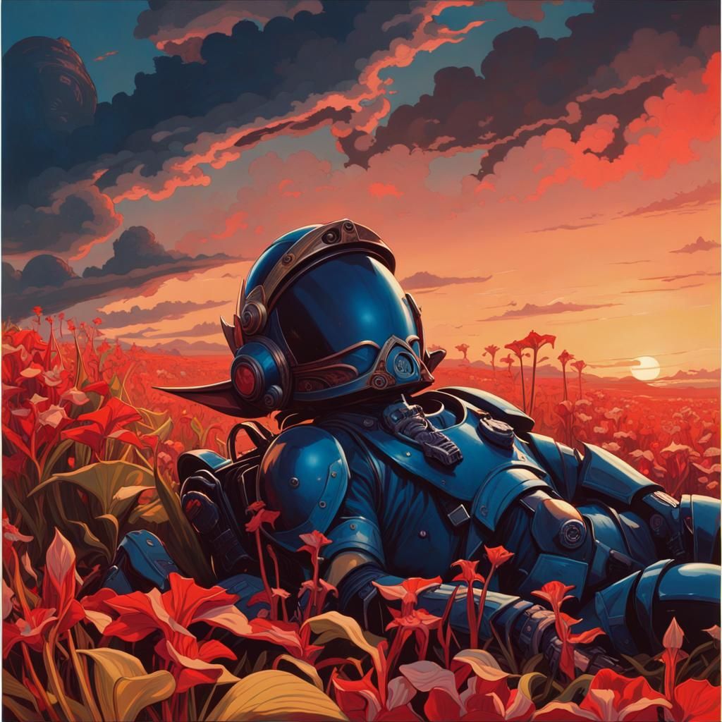 Blue Goblin Trooper Relaxing in Carnivorous Plant Field